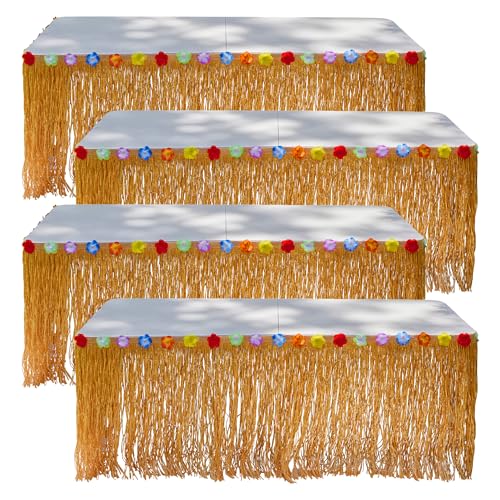 Playbees 4 Pack Luau Grass Table Skirt 9 Feet x 29 Inches Hawaiian Table Skirt for Tropical Hawaiian Party Decorations Luau Party Costume Party, Authentic Island Party Decor with Hibiscus Flowers,
