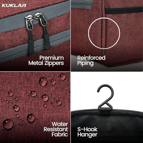 Image of KUKLAR Large Travel Toiletry Bag for Men, Water-Resistant Canvas Dopp Kit with Front Zipper Pocket, Portable Bathroom Hygiene & Grooming Organizer Bag for Vacation & Gym(Maroon)