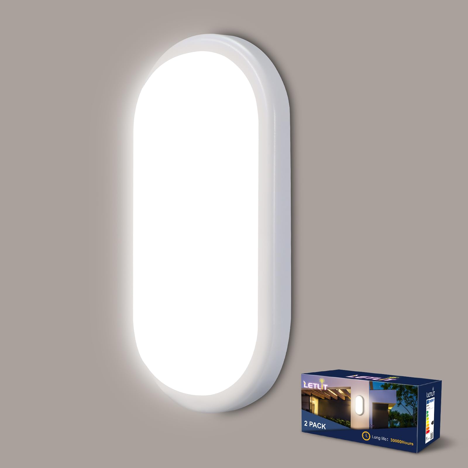 Letlit 18W LED Wall Light Outside, IP65 Bathroom Bulkhead Light, LED Ceiling Light, 1800LM 4000K Porch Light for Indoor