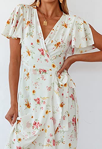 Zesica Women's Summer Bohemian Floral Printed Wrap V Neck Beach Party Flowy Ruffle Midi Dress,Ivory,Large #TOP7