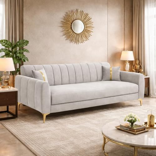 Image of Hermione Luxe Velvet-Suede Fabric 3 Seater Sofa | Comfortable Seating | Modern Sofa Set for Living Room - Light Gray