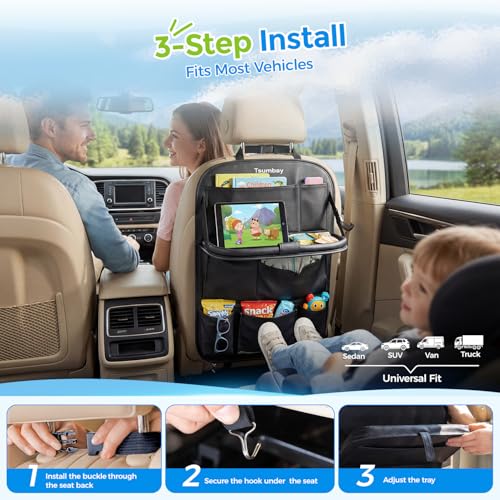 Image of Tsumbay Car Backseat Organizer with Tablet Holder,9 Storage Pockets Foldable Table Tray Seat Back Protectors Kick Mats -PU Leather 1Pck