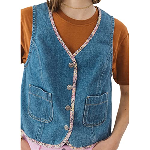 Débardeur d'automne pour femme veste en denim sans manches col V boutons et poches M