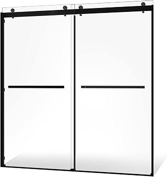 Frameless Double Sliding Shower Door 44-48 x 74 - SGCC Tempered Glass 3/8 Inch - Matte Black Heavy Duty Hardware with Adjustable Wall Profiles