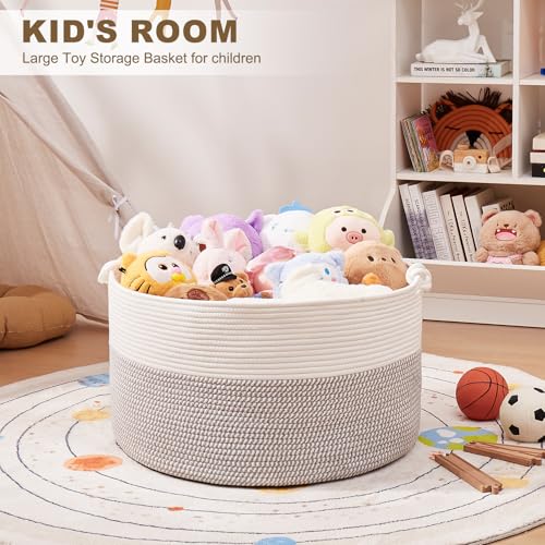 OIASKET Large Blanket Storage Basket for Living Room, 22.8" x 22.8" x 13" Woven Cotton Rope Basket with Handles, Baby Toy Storage, Laundry Hamper for Clothes, Pillows, Towels-Grey and White by OIASKET - Image 7