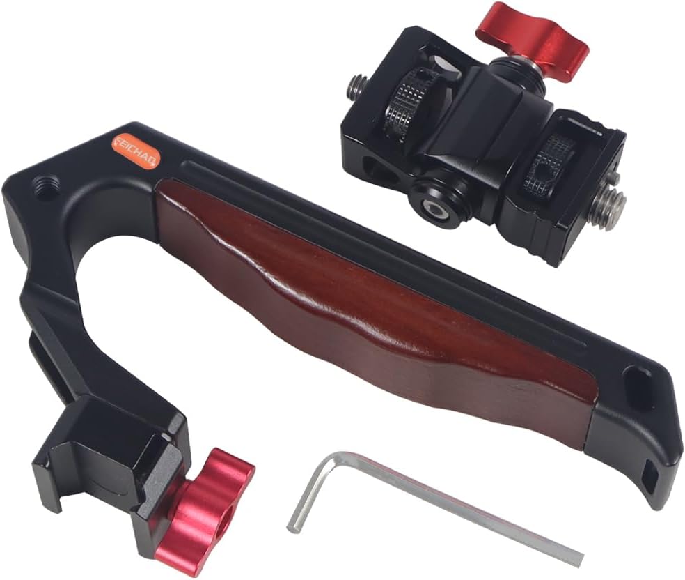 FEICHAO Handle Grip with 3/8" 1/4" Locating Hole Universal Video Rig with Cold Shoe Adapter for DSLR Camera Cage (NATO Slider Handle Set A)