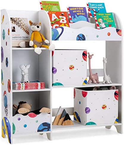SONGMICS Étagère à Jouets 9 Paniers + Bibliothèque Enfants Avec 2 Boîtes – Thème Espace, Blanc Gris Bleu, Idéal Chambre Bébé Et Enfant