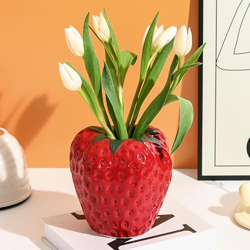 AOMOONOA Red Strawberry Vase for Flowers Decorative Ceramic Fruit Vase