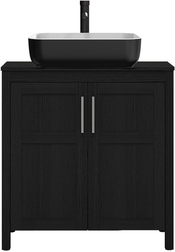 YOURLITE 30" Bathroom Vanity with Sink, Black Bathroom Vanity Cabinet, Faucet & Pop Up Drain Set,Traditional Vanity with with White & Black Ceramic Sink