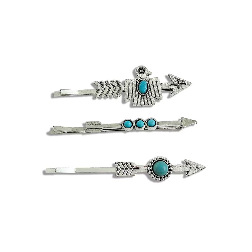 FFLaiwah 3PCS Western Turquoise Hair Clips for Women Retro Turquoise Flowers Lightning Country Cowgirl Vintage Hair Pin Accessories-Arrow