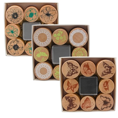 3 Wooden Rubber Stamps Sets, Cylindrical Flower&Lace&Butterfly Decorative Rubber Stamp Set with Ink,Wood Mounted Rubber Stamps for Scrapbook, Card Making, Bullet Journals and Arts & Craft