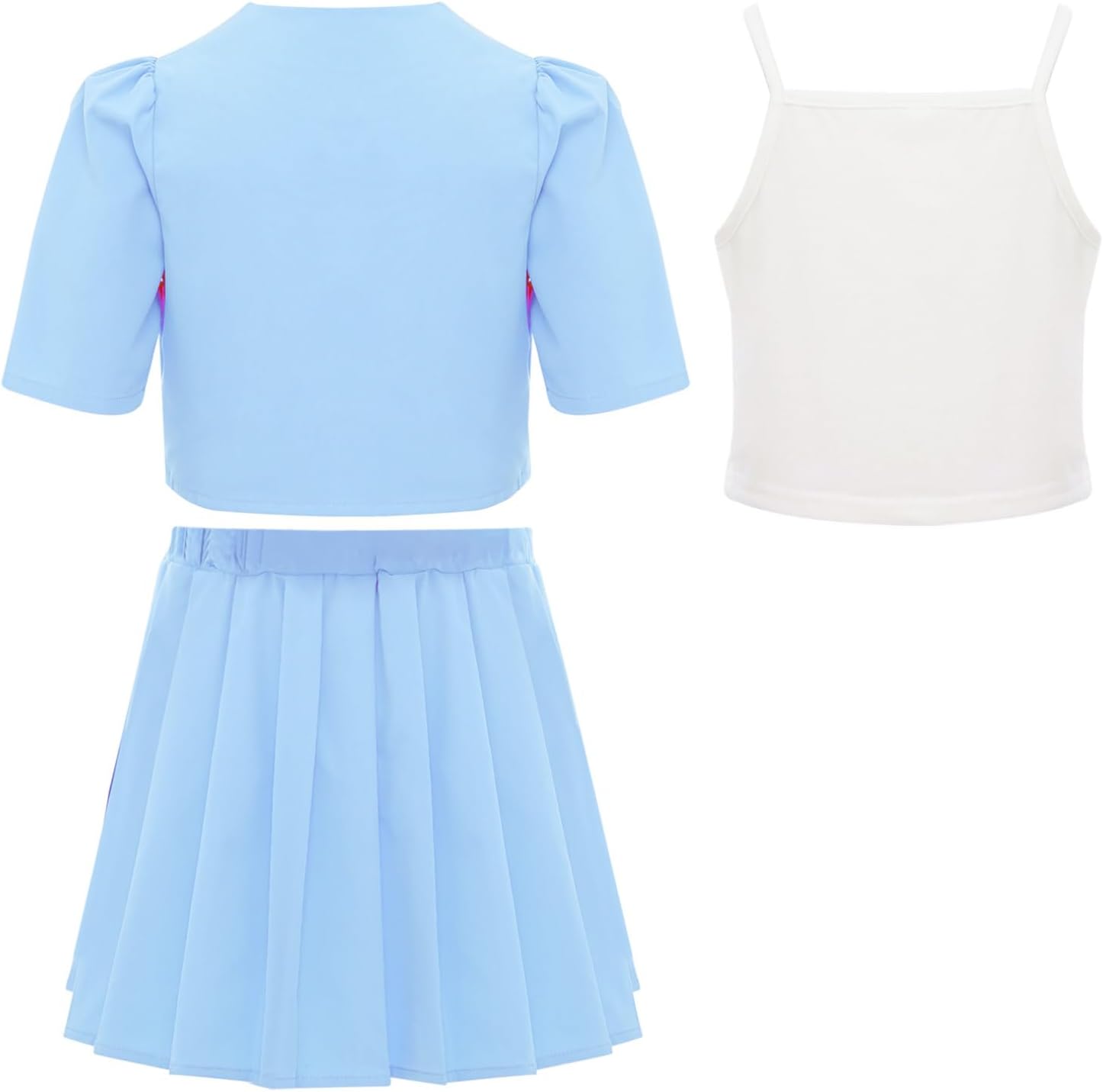 FEESHOW Kids Girls 3 Piece Outfits Short Sleeve Button Down Blazer Jacket with Cami Tops Pleated Skirts School Uniform Light Blue 2-3 Years