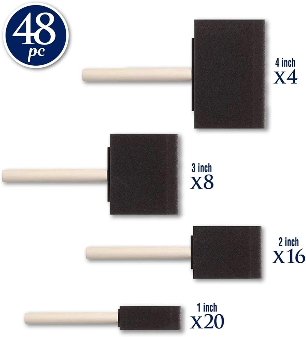 ArtSkills Bulk Foam Paint Brushes, Sponge Brushes for Painting, 4” 3” 2” & 1” Sponge Paint Brushes for Art, Varnish, Wood Stain, Assorted 48pk