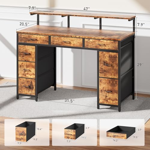 HLDIRECT 47 inch Computer Desk with 8 Storage Drawers, Gaming Desk with LED Lights & USB Power Outlets, Home Office Table with Monitor Stand, Study Writing Work Table for Bedroom, Rustic Brown - Image 4