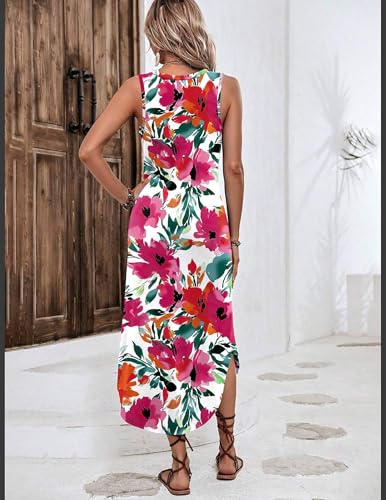 Image of Zeagoo Women Floral Summer Casual Beach Printed Tank Dress with Pockets Pleated Front Long Dress