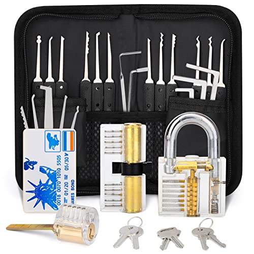 34 Pieces Lock Pick Set - Credit Card Size Lock Picking Tool Kit with 3 Clear Padlock, Manual, Leather Case, Lockpicking Handtool Set for Beginners and Pro Locksmith Training