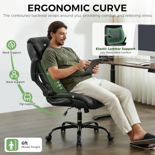 Image of Office Chair, Ergonomic Executive Desk Chair with Lumbar Support for Lower Back Pain Relief, Padded Flip-Up Armrests, Leather Home Office Chair, Black