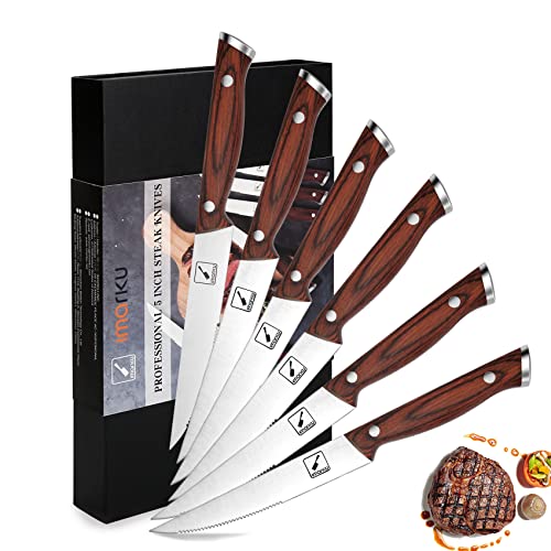 imarku Steak Knives, Serrated Steak knives Set of 6, Japanese HC Steel Knife Set, Premium Serrated Carbon Stainless Steel Steak Knife with Gift Box,9