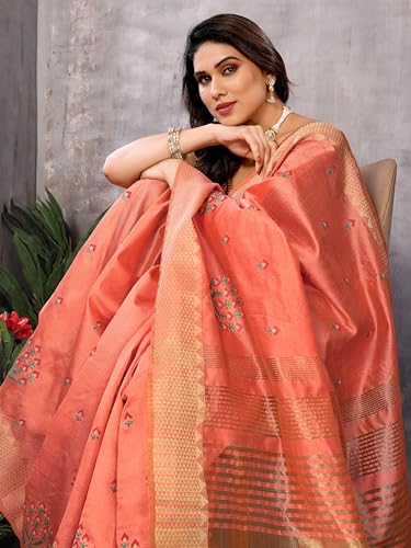 Image of StyleScope Women's Assam Cotton Silk Golden Boarder Thread Embroidered Saree With Unstitched Blouse Piece (Ulajh)