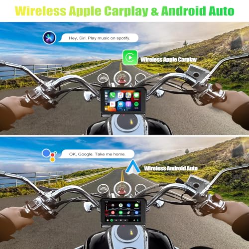 Image of CAMECHO Motorcycle Carplay Screen, Wireless CarPlay Android Auto for Moto, 5 inch Waterproof Touchscreen Portable Car Stereo Support Dual Bluetooth, Siri, Google Assistant
