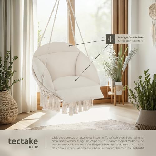 tectake® Hängesessel, Hängeschaukel mit dicken Kissen & Quasten, Boho Hängekorb Ø 80 cm, Hängesessel mit Gestell für Garten, Balkon und Wohnzimmer, Nestschaukel Outdoor & Indoor, Gartenstuhl - beige 5
