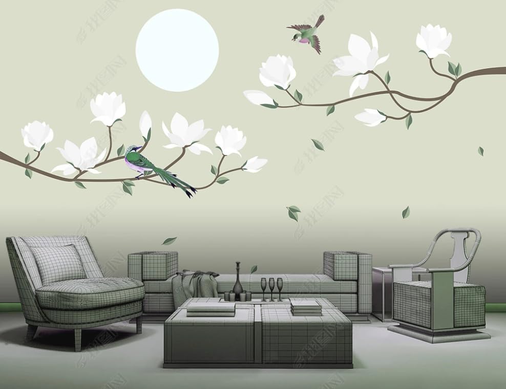 Papier peint intissé fleurs et oiseaux de magnolia géant 300x210 cm pour salon et grand mur