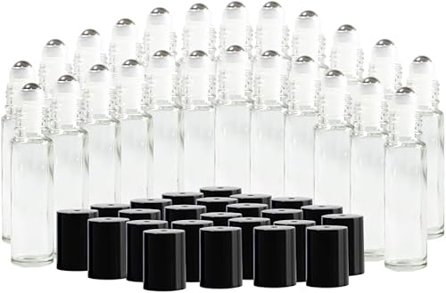 Miniatura 5 de Botellas de vidrio transparente de 0.3 fl oz con bolas de rodillo de acero inoxidable y tapas negras, paquete de 24 (transparente)