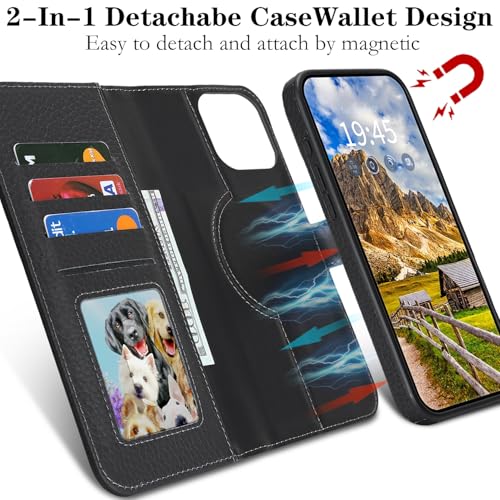 Image of Detachable Genuine Leather Case for iPhone 16 Pro Max Wallet Case Magnetic 2in1 Removable Flip Cover Book Purse Compatible with Magsafe Charging Kickstand Card Holder-Black
