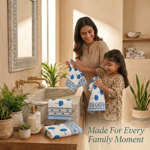 Image of Mafatlal Madhuban Waffle Towels for Bath | 250 GSM | Set of 4 Hand Towels 76 x 38 cm Each | Textured Surface for Body Cleansing, Scrubbing & Gentle Exfoliation | Indigo Blue