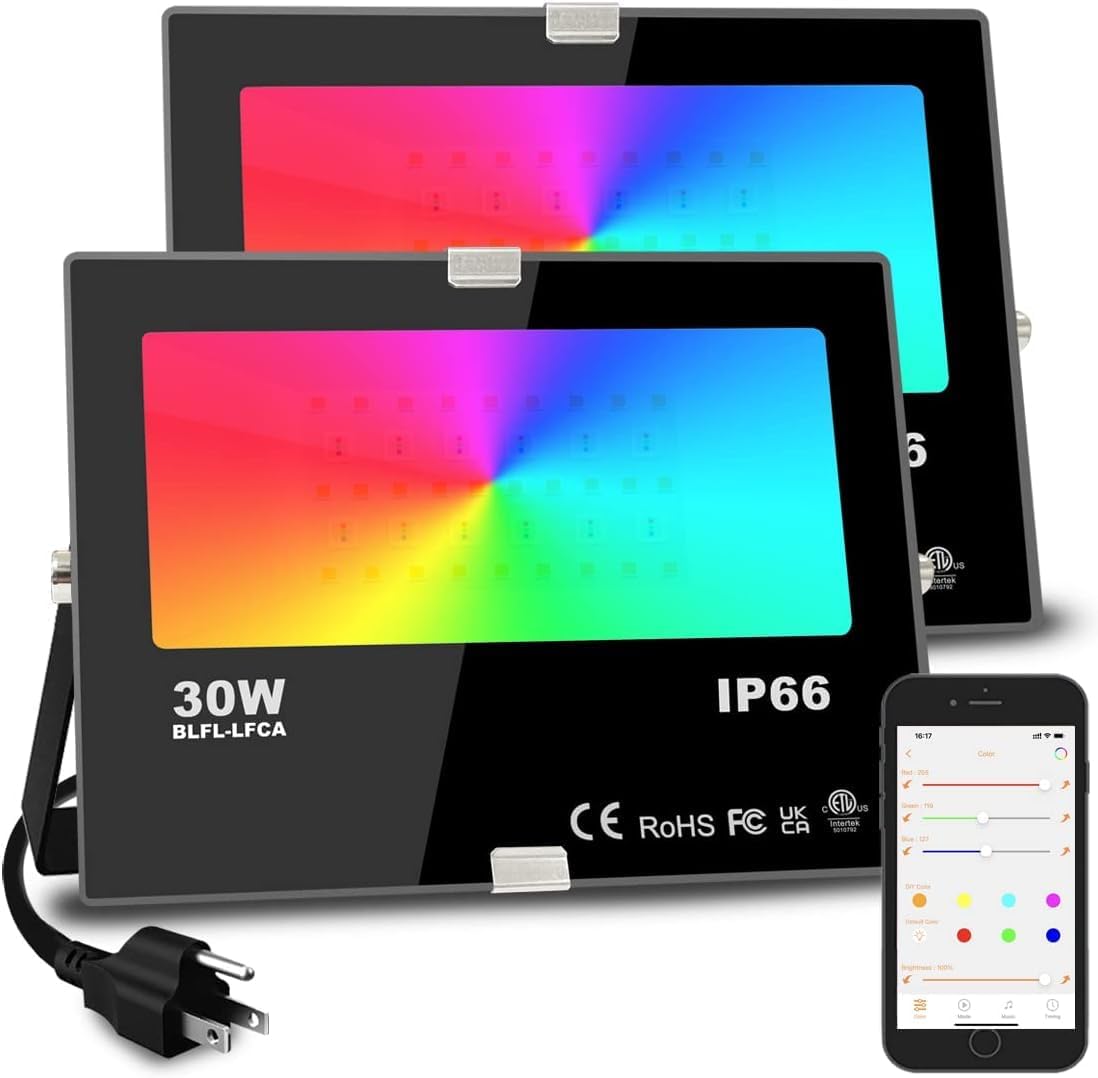 Led Flood Light 30W, 300W Equivalent 3000 LM Outdoor Color Changing Led Stage Landscape Lights, Bluetooth RGBW Smart Floodlights 2700K & 16 Million Colors&Timing& Music Sync, IP66,US 3-Plug (2 Pack)