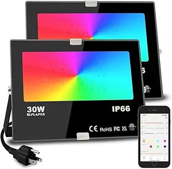 Led Flood Light 30W, 300W Equivalent 3000 LM Outdoor Color Changing Led Stage Landscape Lights, Bluetooth RGBW Smart Floodlights 2700K & 16 Million Colors&Timing& Music Sync, IP66,US 3-Plug (2 Pack)