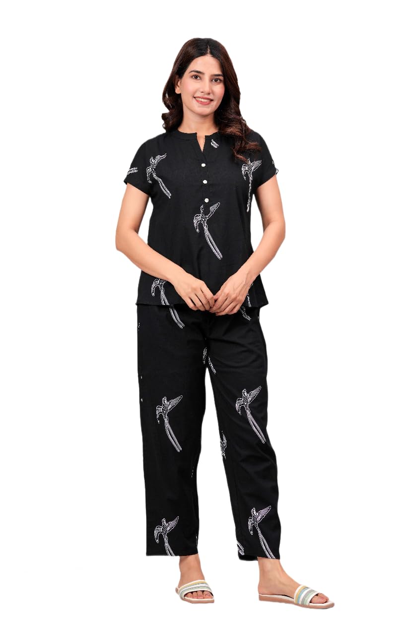Night Suit for Women, Black, Bird Print, Short Sleeve Top with Pyjama-picture-33