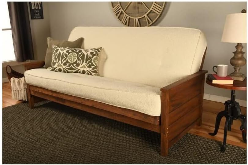 Maykoosh Naturally Nice Full-Size Futon Frame Set in Weathered Brown Finish with Mattress, Convertible Feature, Lounge Room Type - Solid Hardwood Construction Cream/No Drawers