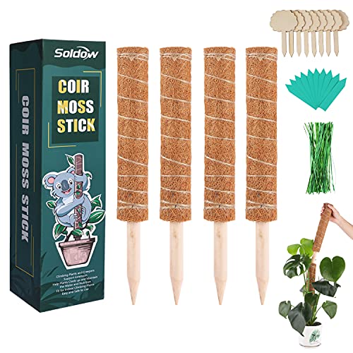 Soldow 4 Stück 40 cm Moosstab Pflanzstab Kokos, Totempfahl Kokosfaser Stützpfahl Coir Moss Totem Pole Stick mit 8 T Form Pflanzenetiketten, 10 grün pflanzenetiketten, 100 drehbändern Cover