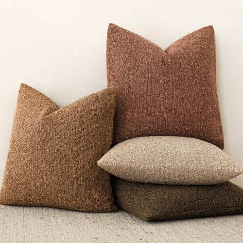 Image of Foindtower Pack of 2 Textured Boucle Throw Pillow Covers Accent Solid Decorative Lumbar Pillow Cases Cozy Couch Cushion Case for Chair Sofa Bedroom Living Room Home Decor 12x20 Inch Hazel Brown