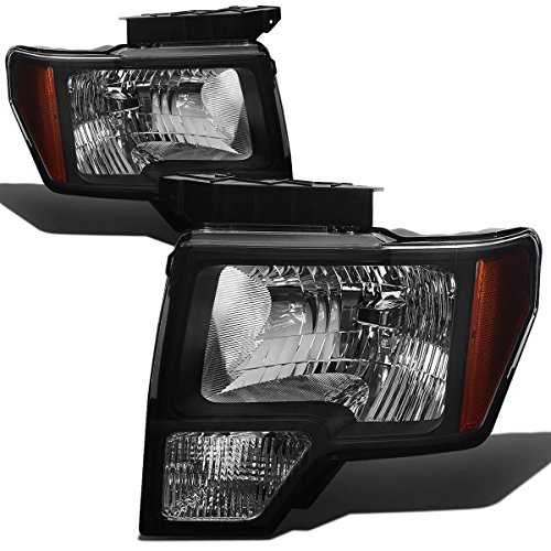 [Halogen Model] Headlight Assembly Compatible with Ford F-150 12th Gen 2009-2014, Driver and Passenger Side Headlamps Replacement with Signal Lights, Black Housing Amber Corner