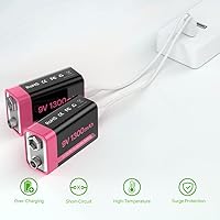 Vista 6 de Baterías recargables de 9 V, baterías de iones de litio de alta capacidad de 1300 mAh de larga duración de 9 voltios con cable de carga rápida USB C