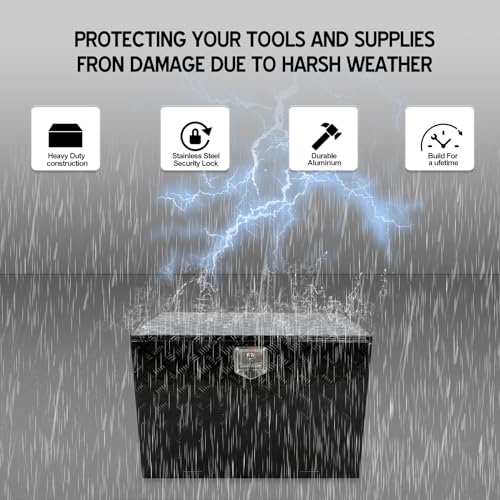 confote 36"x 22"x 24" Heavy Duty Aluminum Stripes Plated Tool Box Underbody Truck Box Pick Up Truck Bed RV Trailer Toolbox Waterproof Square Storage Organizer with Lock and Keys-Black