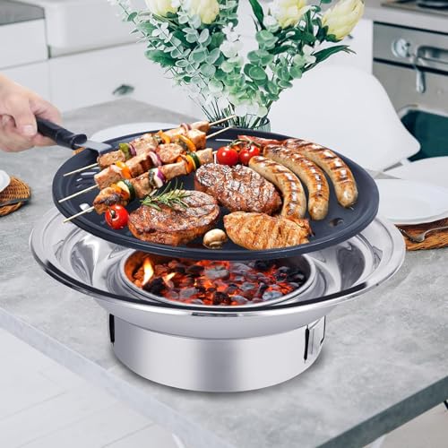SAYEYBU Parrilla De Carbón, Estufa De Carbón Portátil, Parrilla De Barbacoa De Acero Inoxidable Antiadherente, para Acampar Al Aire Libre, Picnics Y Fiestas En Interiores,Plata,40cm