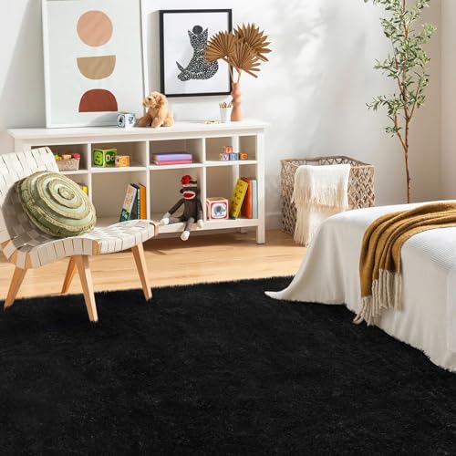 FVVRAX 120x180cm Black Shaggy Rug, Soft Fluffy Area Rug for Living Room & Bedroom, Non-Slip Plush Carpet for Kids Nursery - Image 4