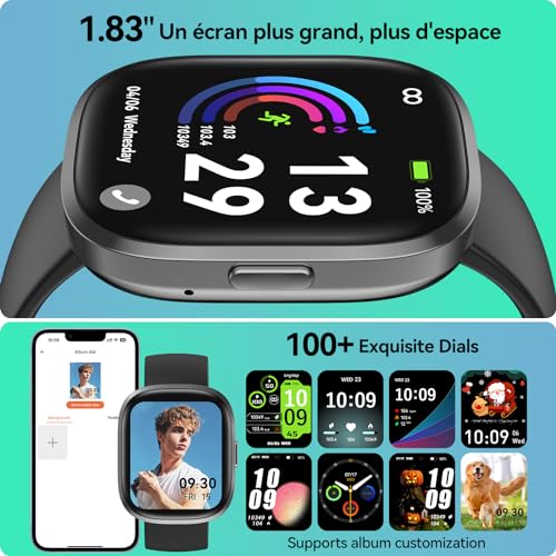 Smartwatch Damen Herren mit Telefonfunktion,1.83" HD Touchscreen Fitnessuhr,IP68 Wasserdicht Fitness Tracker mit Herzfrequenz Schlafmonitor Schrittzähler Uhr,Sportuhr für iOS Android Schwarz – Bild 6