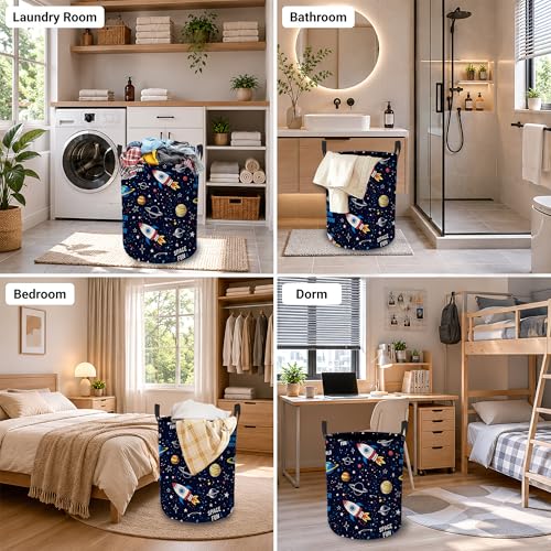 Image of Laundry Hamper, Rocket Space Collapsible Planet Stars Laundry Baskets Waterproof Oxford Cloth With Handles, Clothes Storage Bucket For Bathroom /Bedroom 16 inch x 20.8 inch