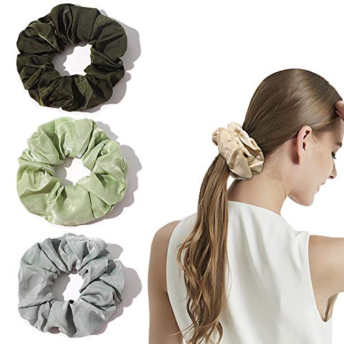 Image of Silk Satin Scrunchies Women Hair Ties - Ivyu Big Scrunchy Ponytail Holder No Crease Hair Bands Soft Elastic No Hurt Your Hair for Vsco Girl Women Gray Dark Green Light Green Beige