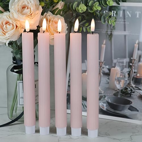 Image of Pink Flameless Flickering Taper Candles Battery Operated with 10-Key Remote and Timer 6 Pack 3D Wick Vertical Stripe Real Wax LED Taper Candles Spring Dinner Holiday Decor(0.78 inch D x 9.64 inch H)