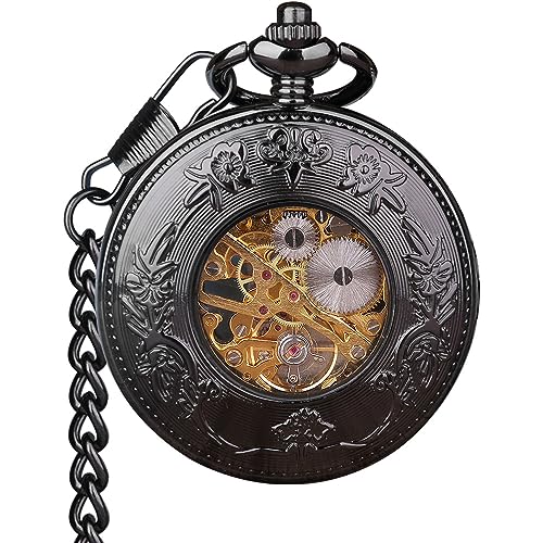 فيجوروسو ساعة جيب ميكانيكية للرجال بتصميم عتيق ستيمبنك من الخشب المحبب مع سلسلة وصندوق للرجال - لون اسود