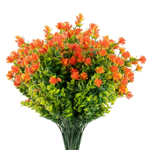 Boic Plastik Garten Blume, Kunstblumen Grün Plastik Sträucher UV-Beständige Kunstpflanzen für Balkon, Garten, Fenster, Hochzeit Party Dekor - 10 Bündel (Orange)