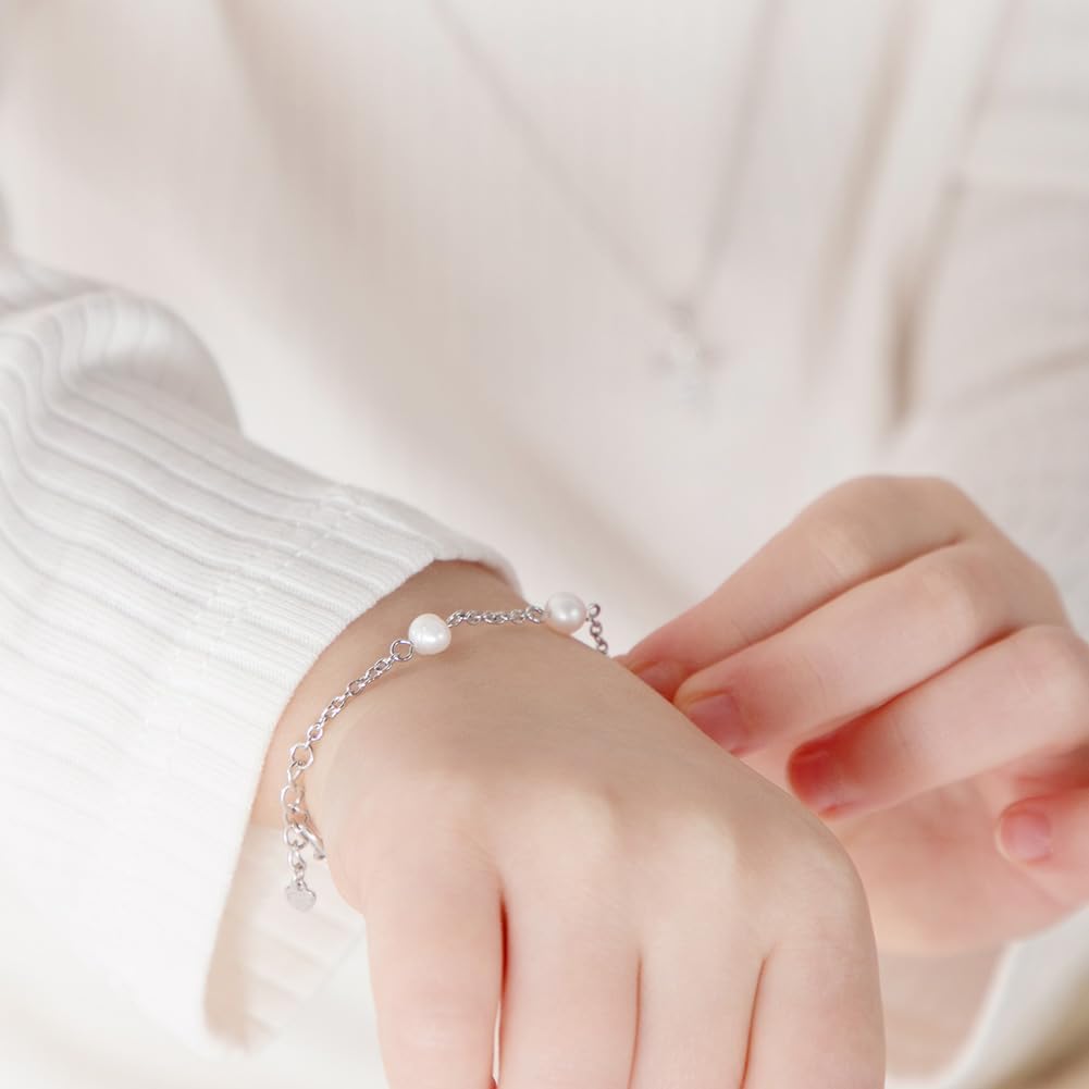 925 Sterling Silver Delicate Freshwater Cultured Pearl Strand Adjustable Bracelet For Little Girls - Classic and Elegant Children's Jewelry For Formal Occasions - Gifts For Religious Events