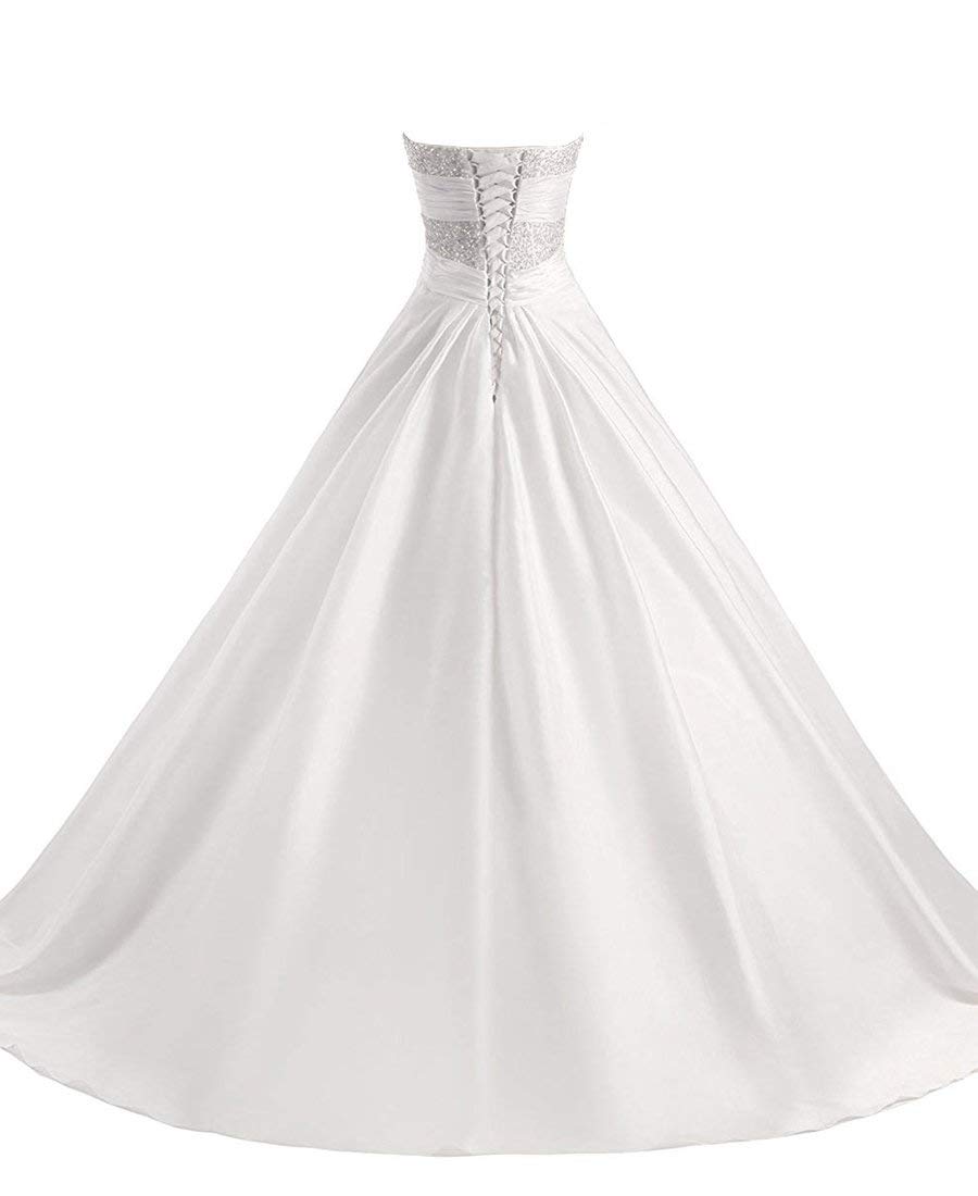 Romantic-Fashion Brautkleid Hochzeitskleid A-Linie Lang Satin Trägerlos Perlen Pailletten, LNNLSS, Weiß, 36