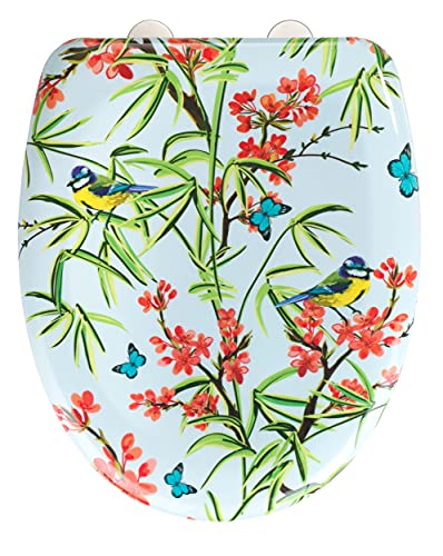 WENKO WC-Sitz Natura, hygienischer Toilettendeckel mit Absenkautomatik, Toilettensitz aus bruchsicherem, antibakteriellem Duroplast, Schnellbefestigung aus rostfreiem Edelstahl, 38 x 45 cm, Naturmotiv