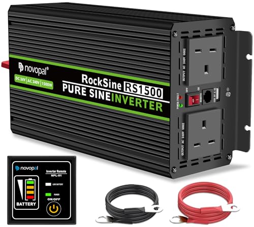 NOVOPAL 1500W Power Inverter Pure Sine Wave 24V DC to 240V AC Converter with 2 UK Outlets and 1 USB,16.4FT Remote Control,2 Cooling Fans for Truck,RV,Boat,Camping,Home